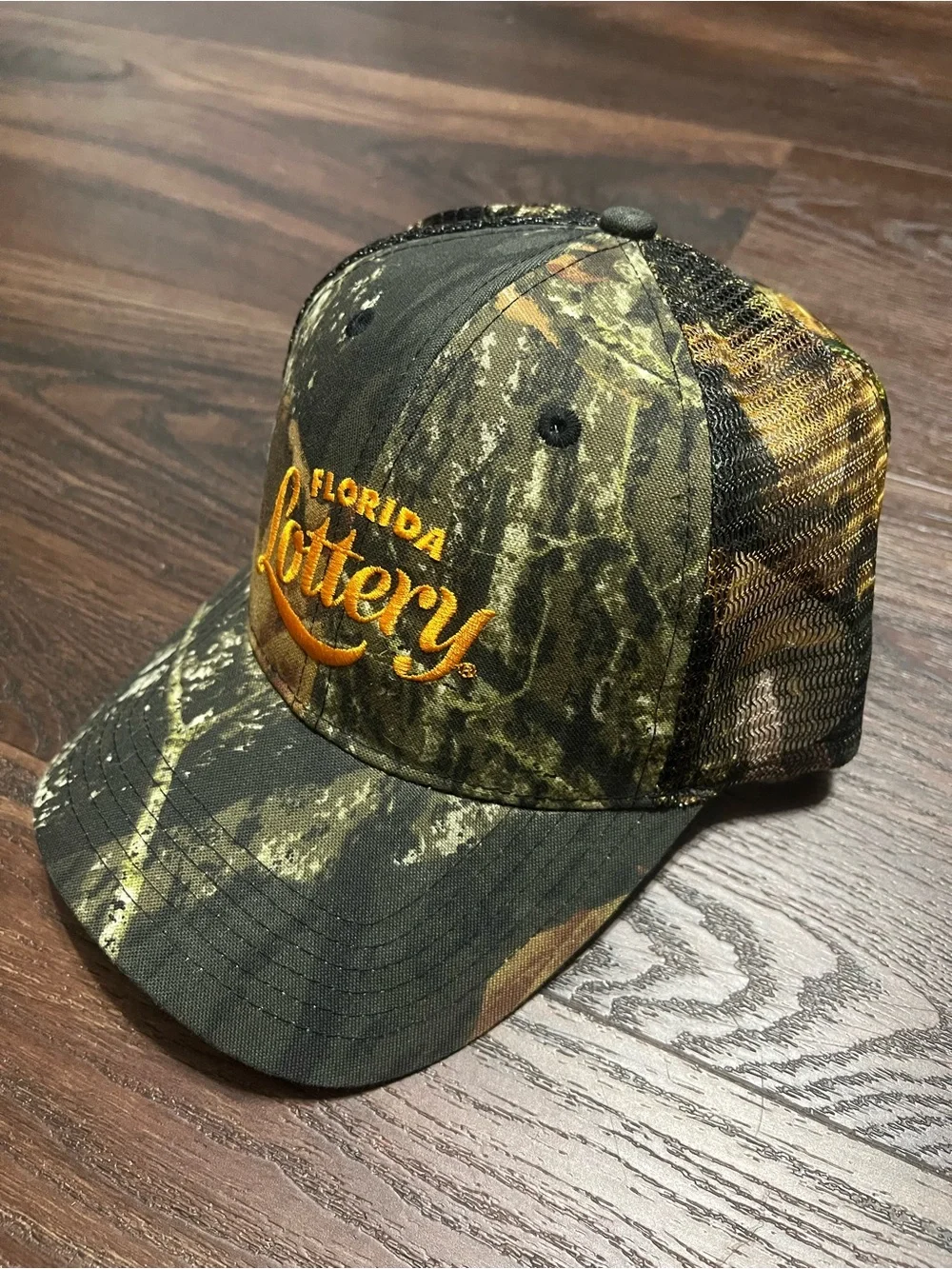 Florida Lottery Camouflage Trucker Hat Woodland Camo Pattern Orange Embroidered